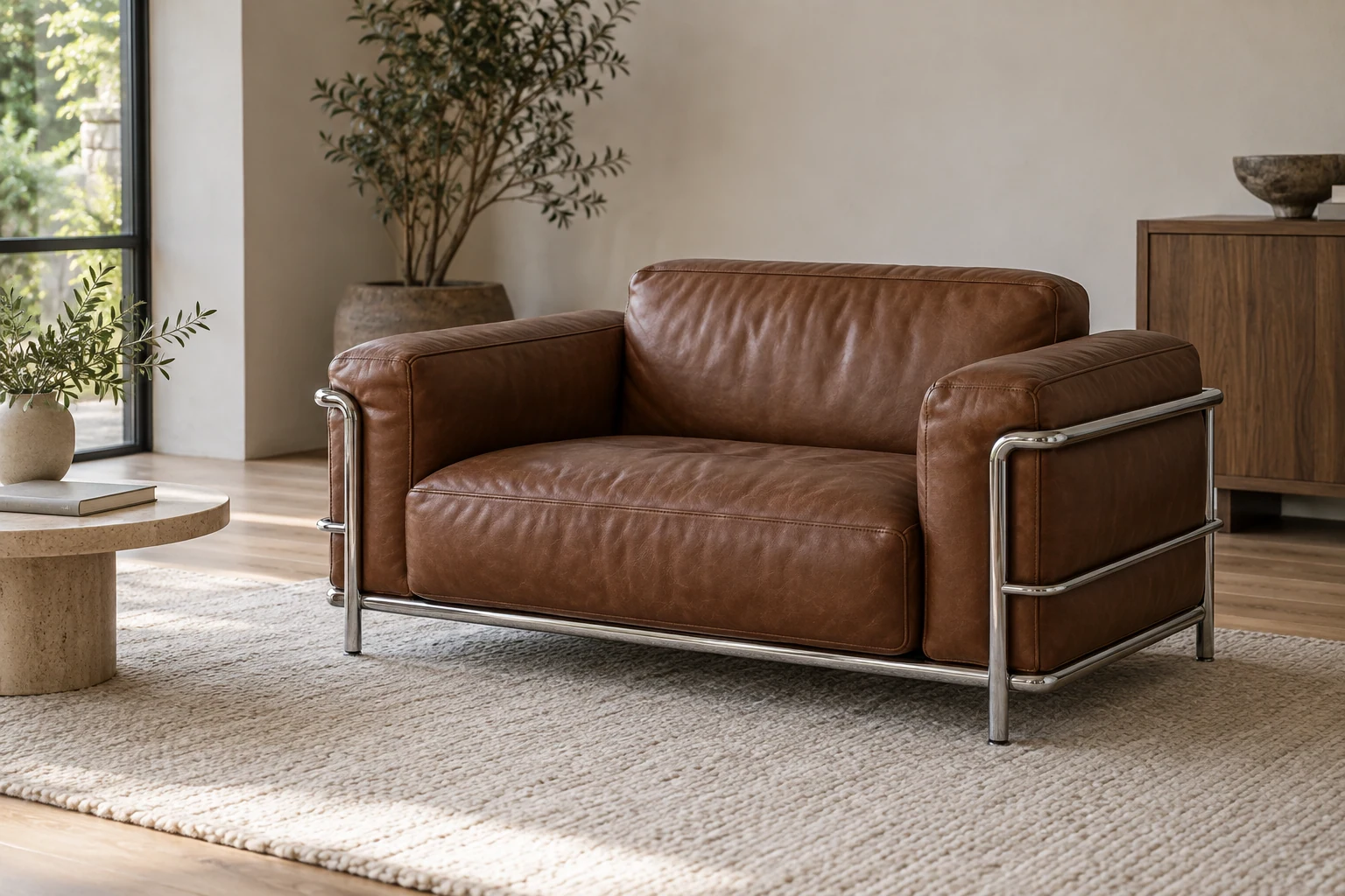 A broad, low cognac leather armchair with an external tubular frame stands in a quiet living room.