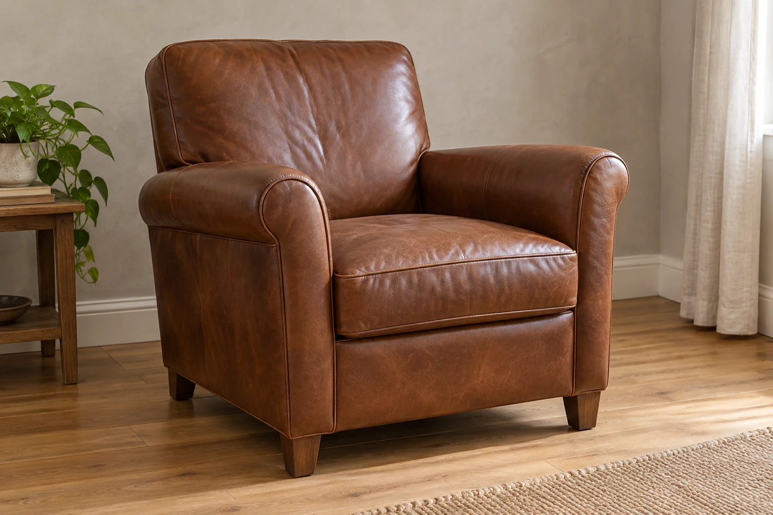 Een interpretatieve bruine gestoffeerde fauteuil met brede contactvlakken, naden en biezen.