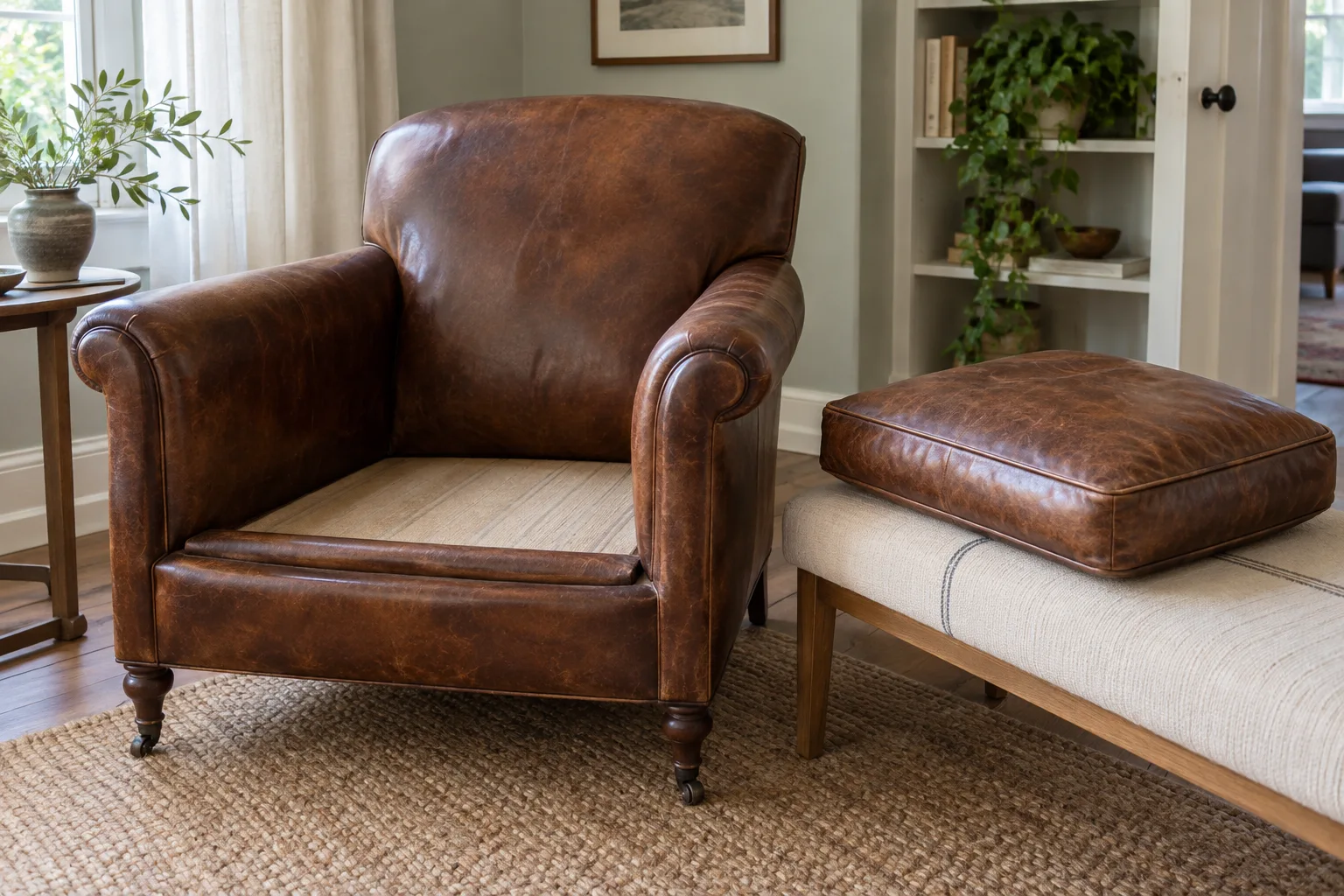 A brown upholstered club chair with its loose seat cushion resting on a nearby bench.