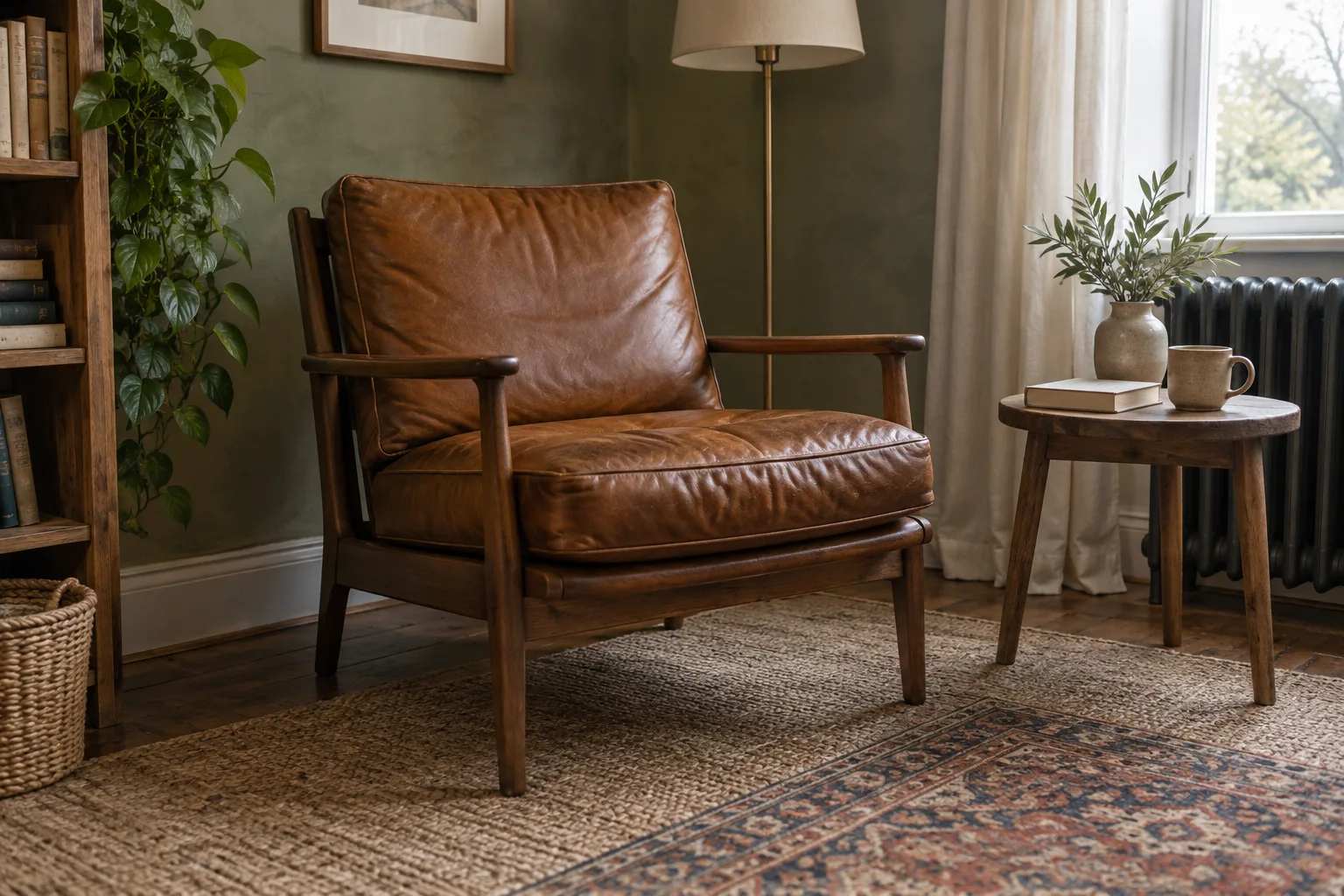 A brown leather-cushioned wooden armchair beside a small table in a reading corner.