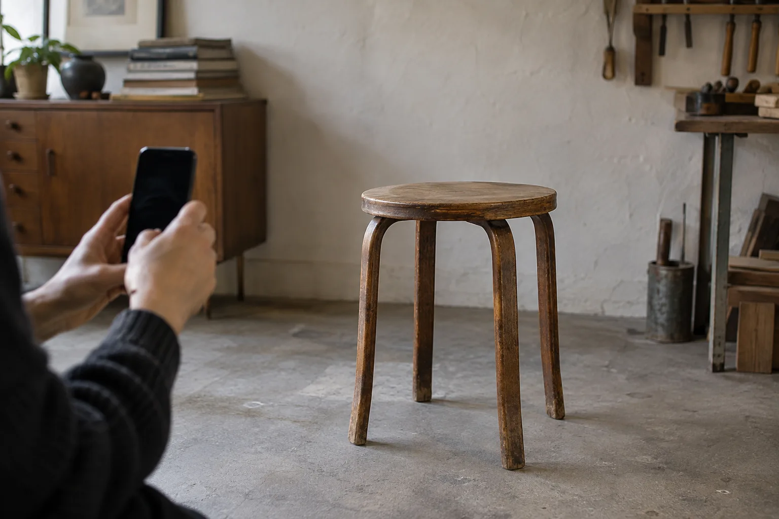 A person photographs a complete wooden stool against a quiet workshop background.