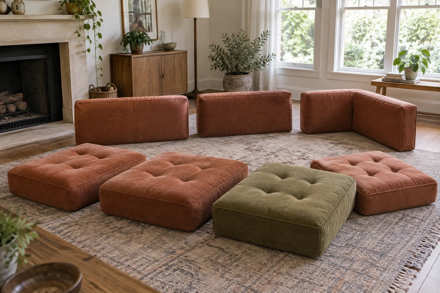 Four loose coloured seat pads, two straight backs and one corner back arranged separately on the floor.