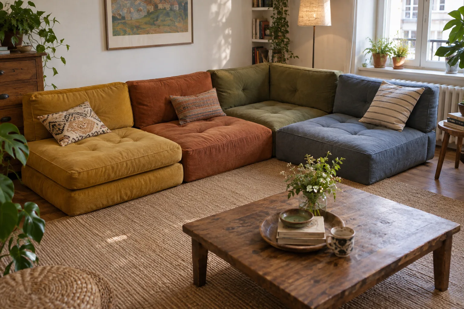 Colourful low seating pads and back elements arranged around a coffee table in a living room.