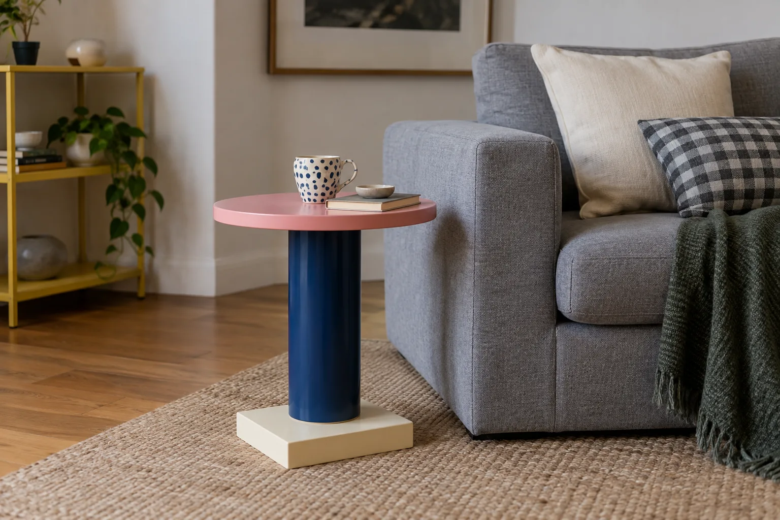 A colourful geometric side table beside a plain sofa.
