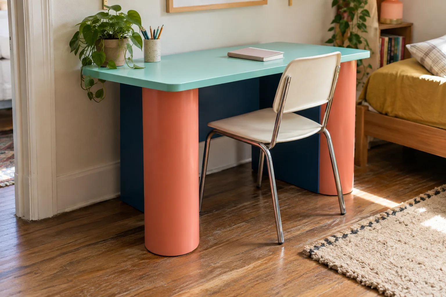 A geometric laminate desk and chair seen from the side.