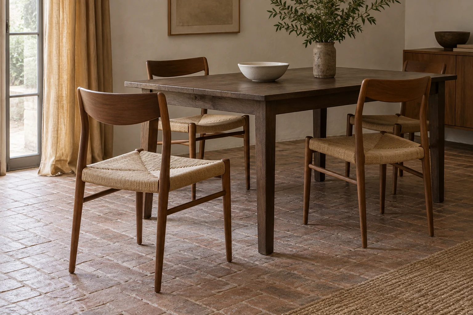Slender armless timber dining chairs with woven seats surround a dark wooden table in a softly lit room.