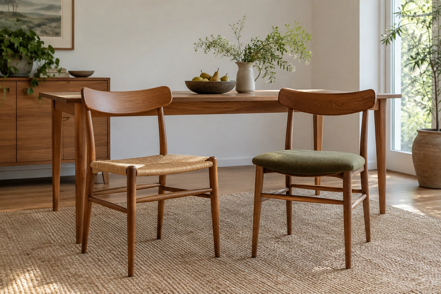 Two slender armless timber chairs, one with a woven seat and one with an olive upholstered seat, stand beside a dining table.