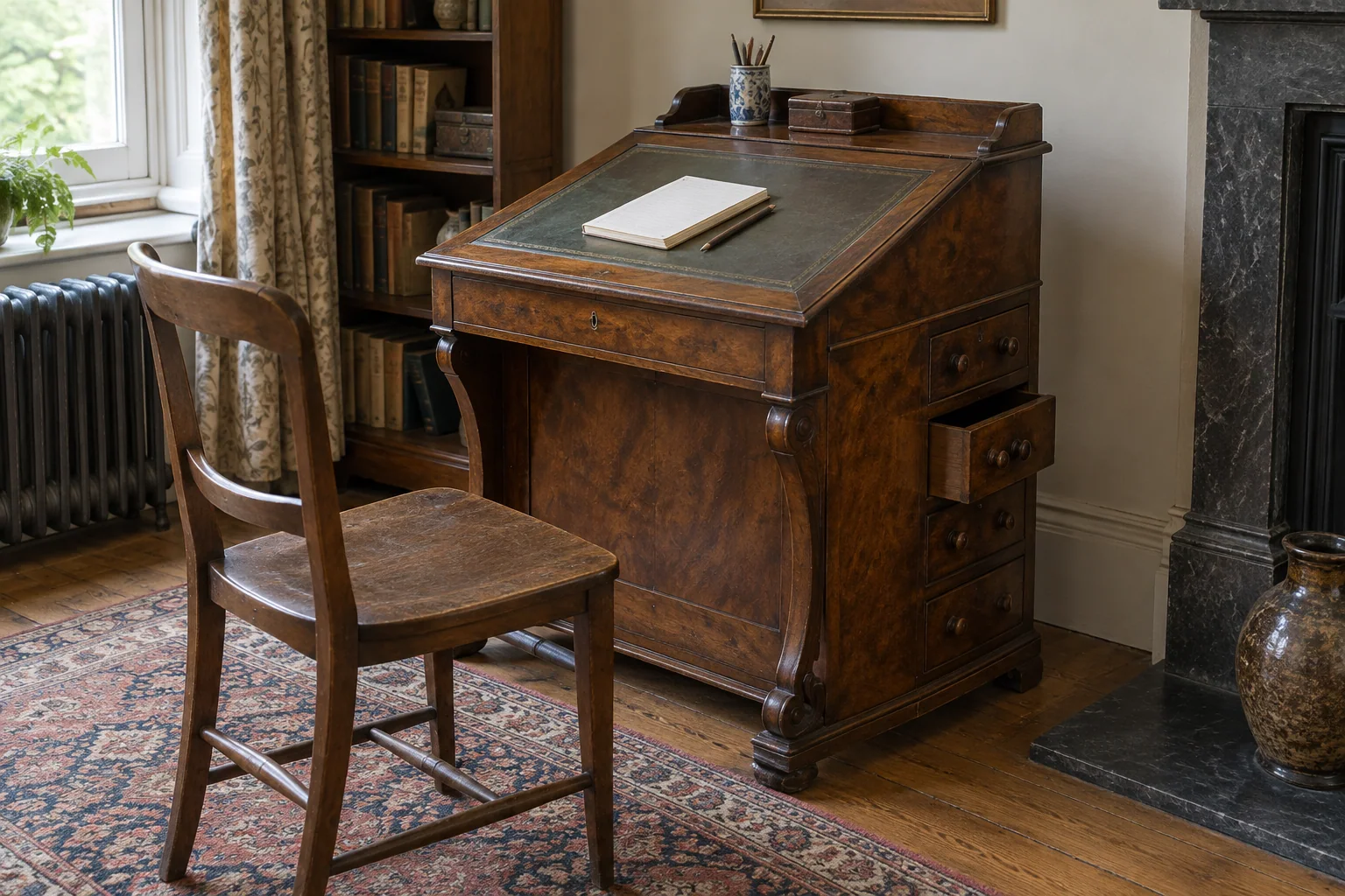 A small sloping-top antique-style desk with side drawers and a notebook.