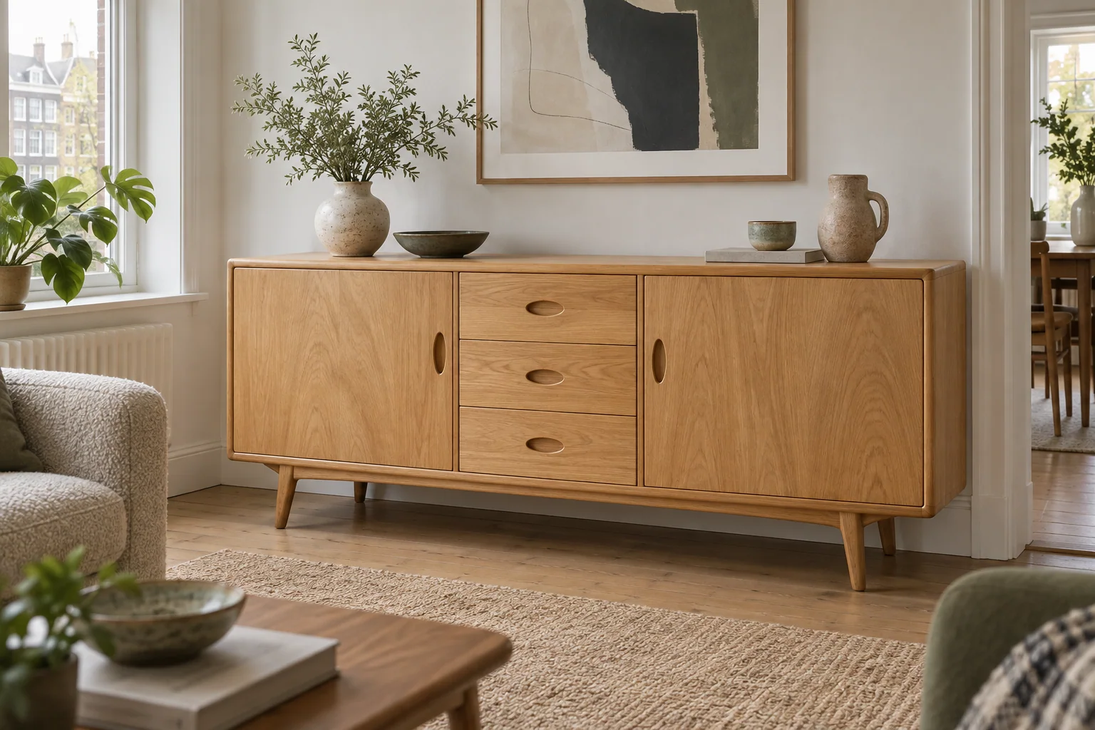 A low blonde timber sideboard with two doors flanking three central drawers.