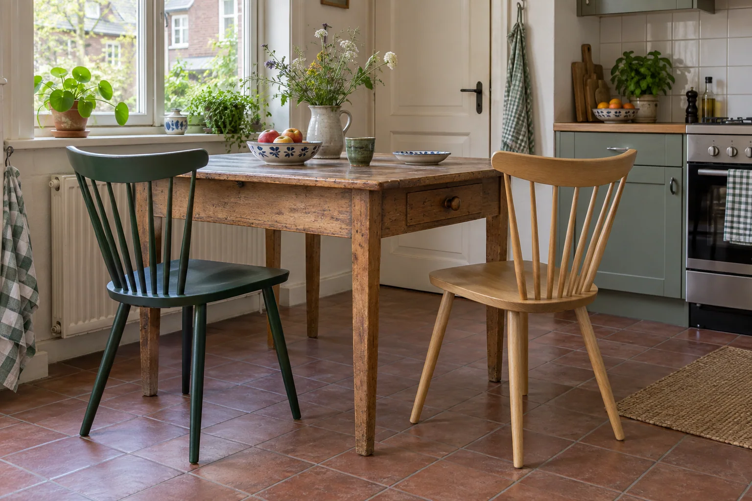 Green and natural timber fan-back chairs at a compact kitchen table.