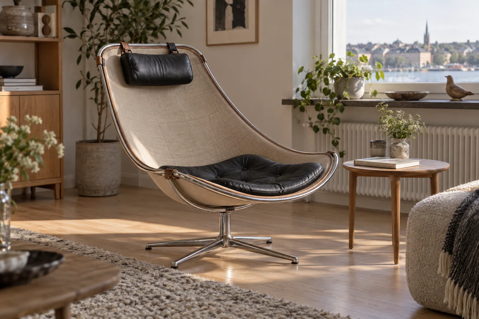 A curved sling-supported reading chair with a separate cushion and neck pillow.