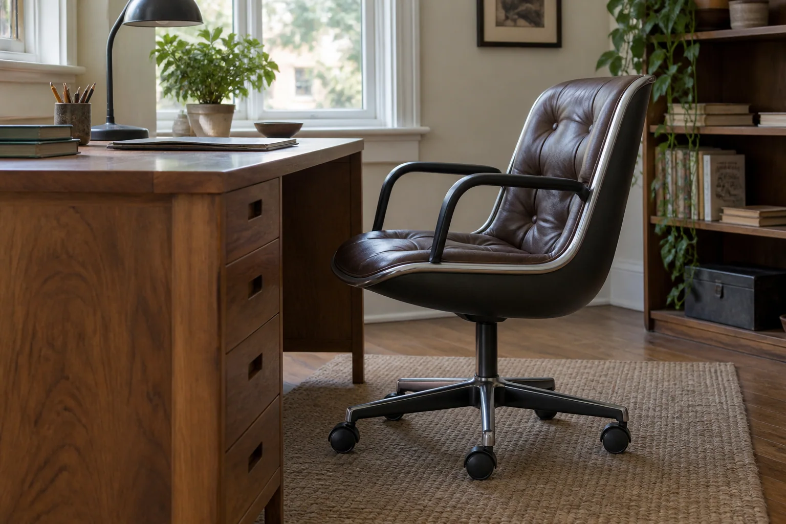 A rounded upholstered swivel chair beside a compact wooden desk.