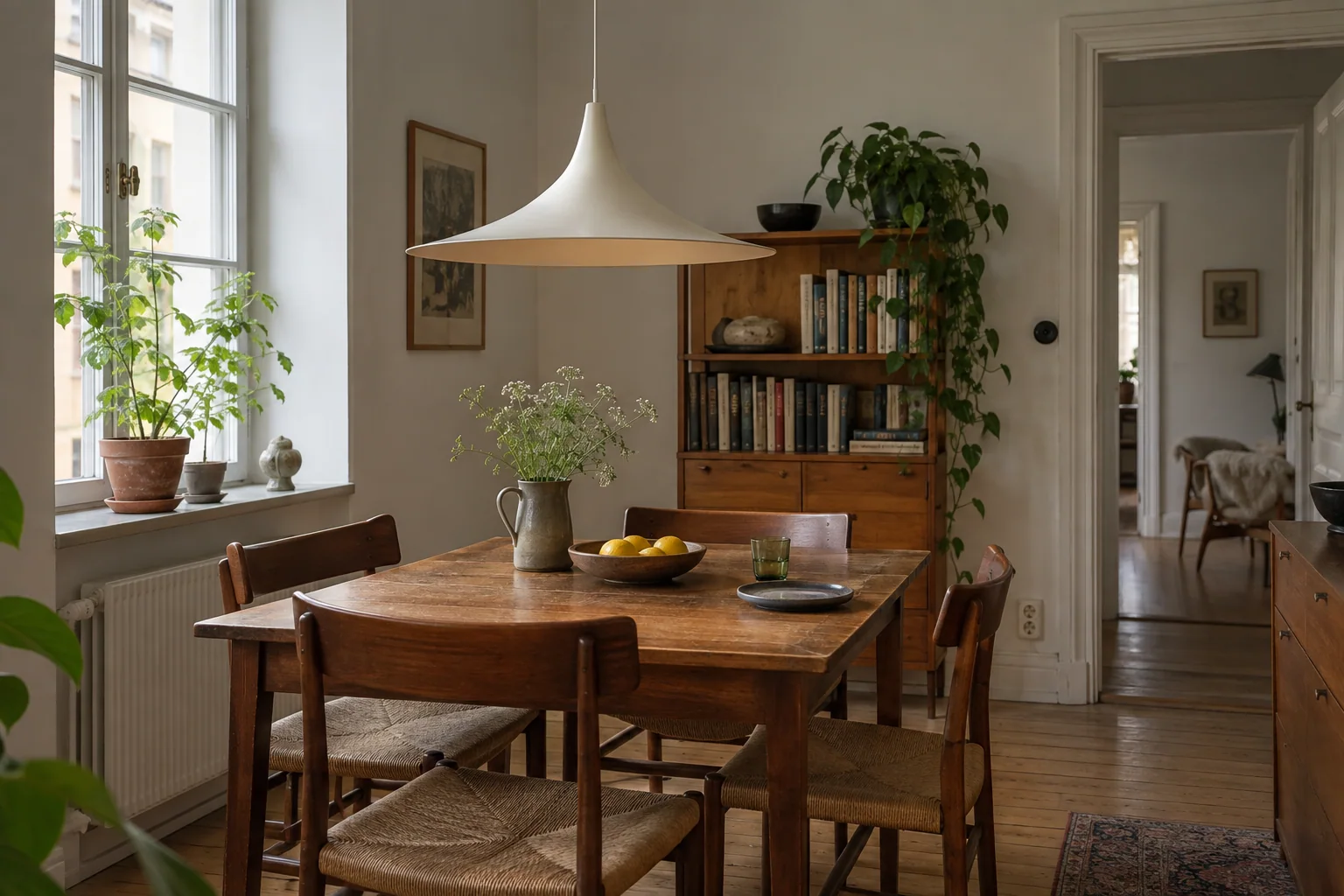 A wide white flared pendant above a wooden dining table.
