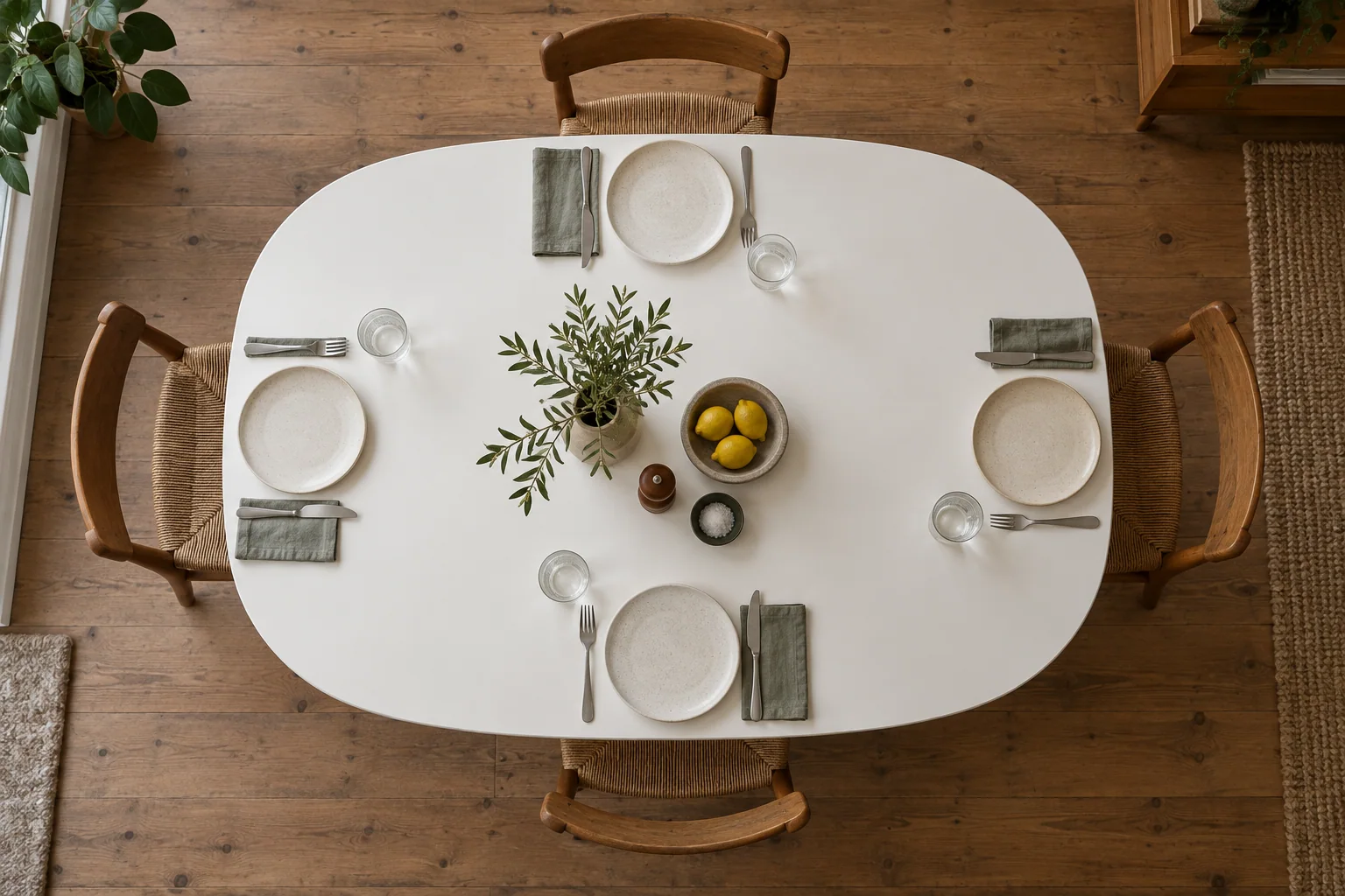 An overhead view of a white curved dining tabletop with four place settings.