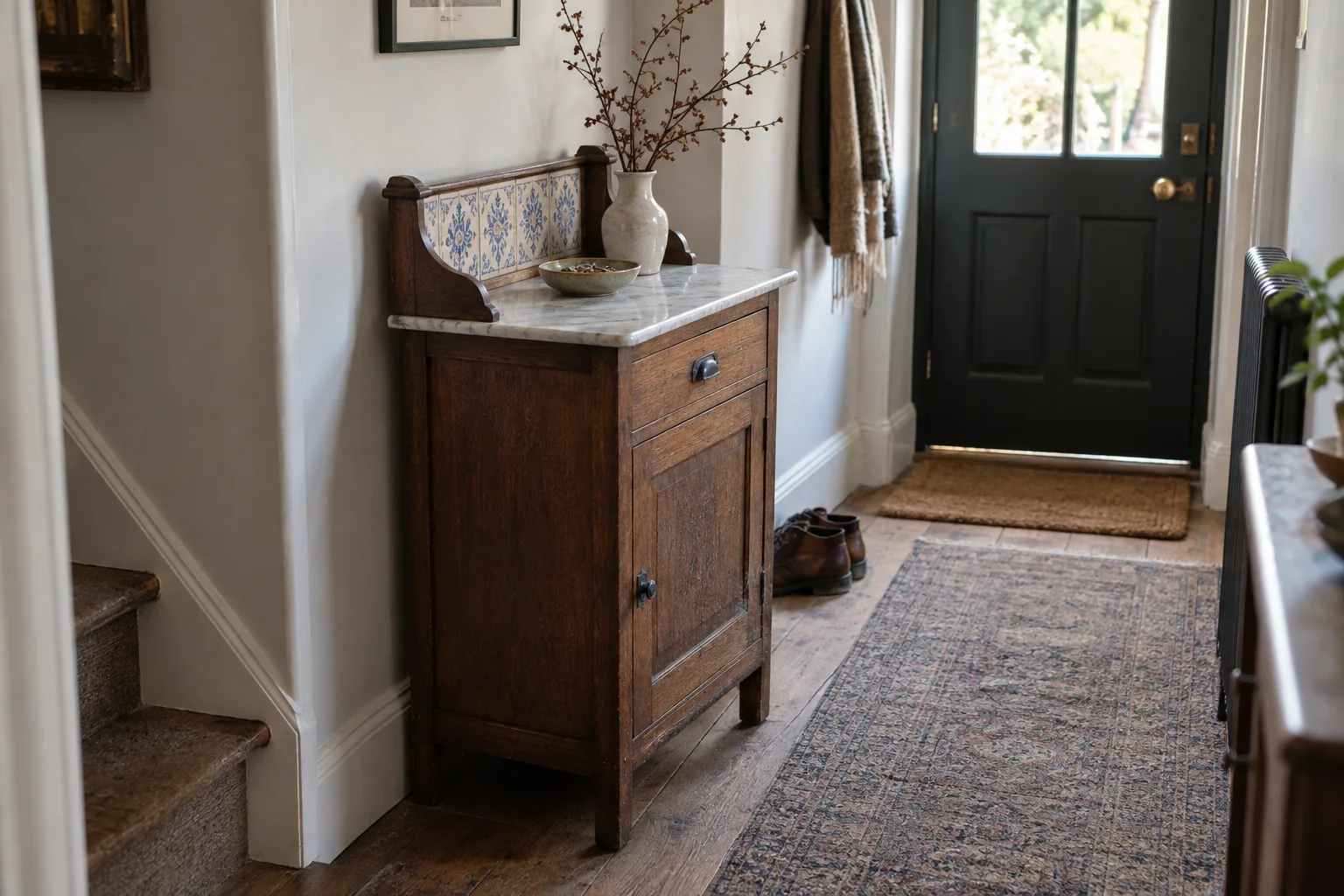 A marble-top wooden washstand with a tiled back used as a hallway cabinet.