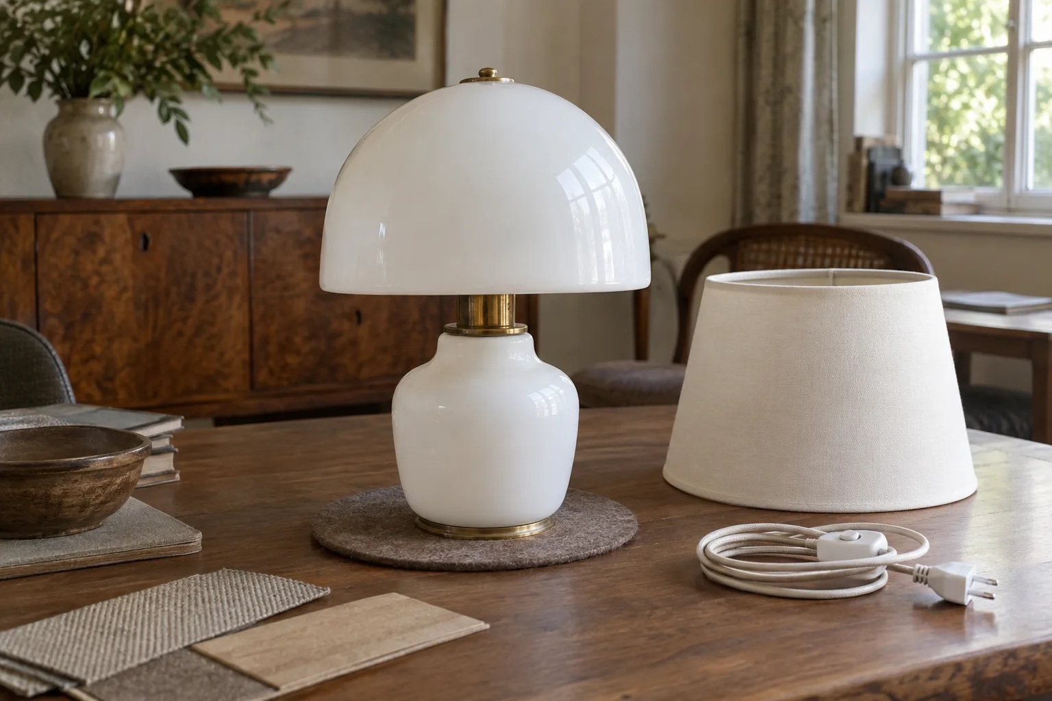 A white glass lamp stands unpowered on a padded table beside separate lamp accessories.