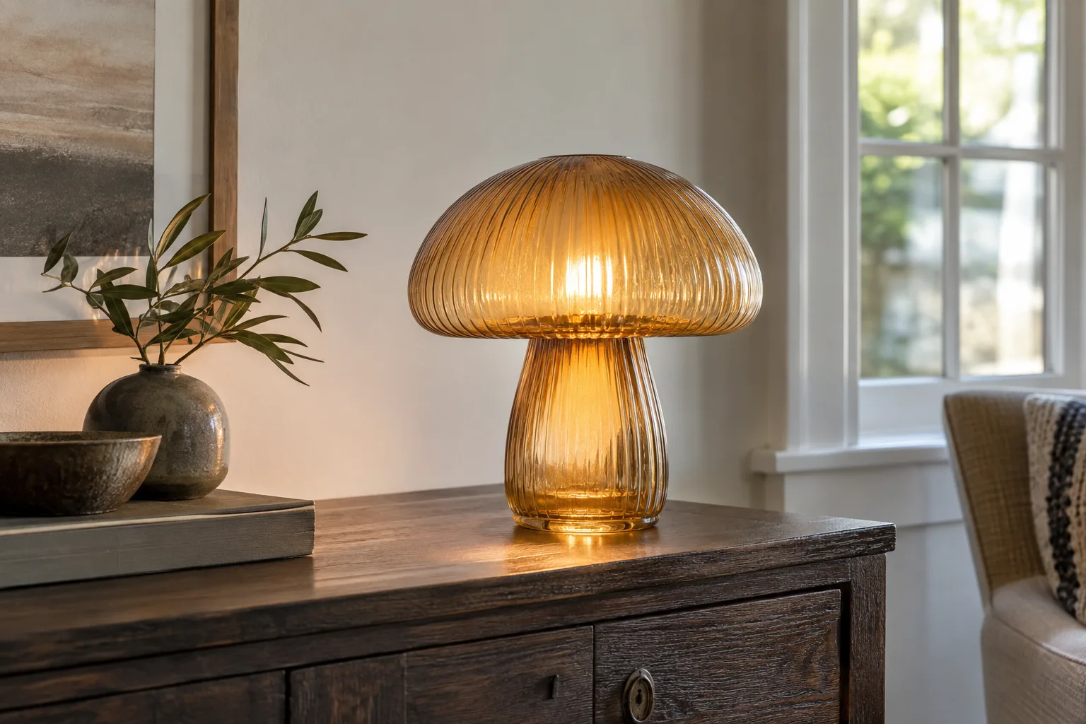 An amber glass table lamp with a rounded shade stands on a wooden cabinet.