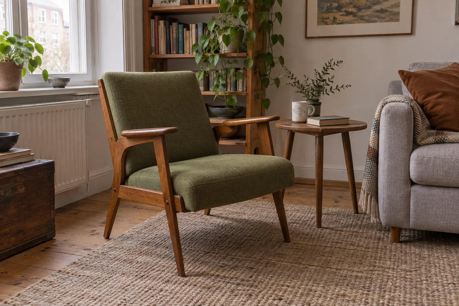 Compact upholstered wooden armchair beside a table and sofa in a small reading corner.