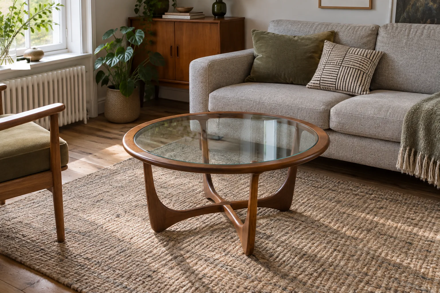 Round wooden-bordered glass coffee table in front of a sofa, with its base and rug visible through the top.