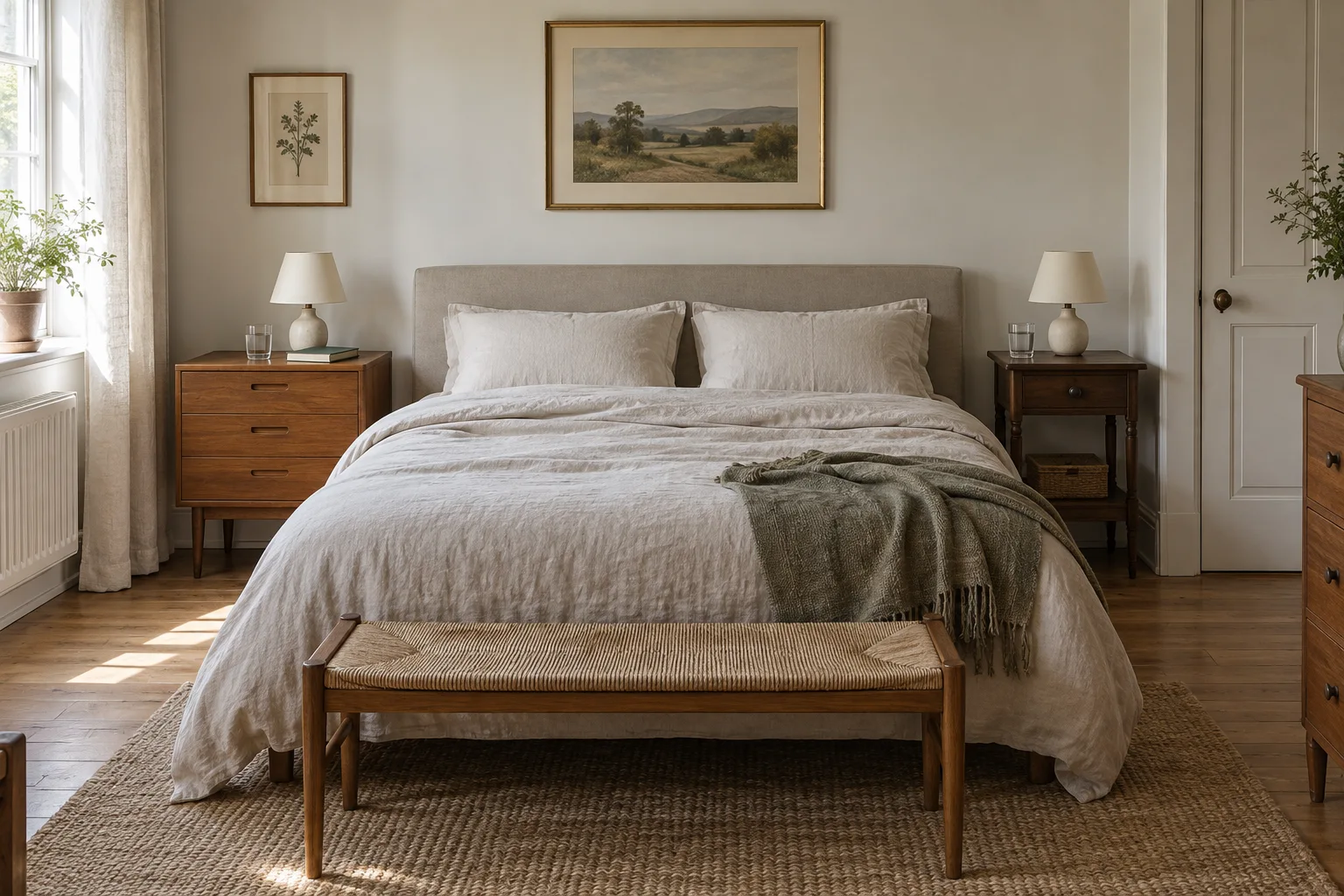 Two different wooden bedside tables beside a bed, connected by similar cream lamps.