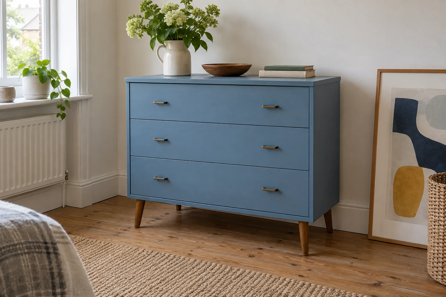 A dusty-blue painted three-drawer chest in an ordinary bedroom, with its entire outline visible.