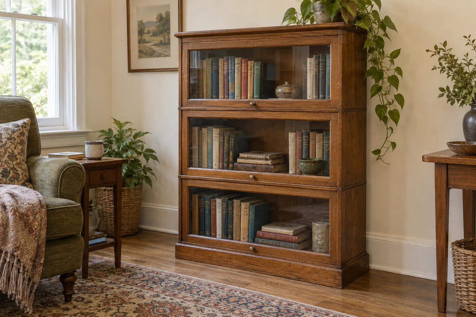An oak sectional glazed bookcase holding books of different sizes in a reading room.