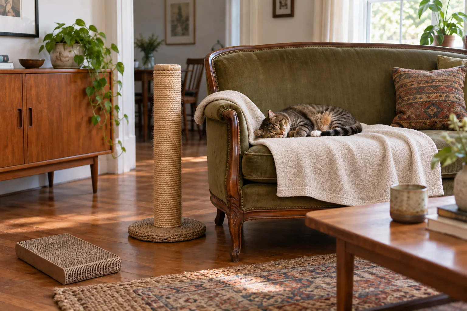 Tabby cat resting on a throw on a wooden-framed sofa, with a tall scratching post and a horizontal scratching pad nearby.
