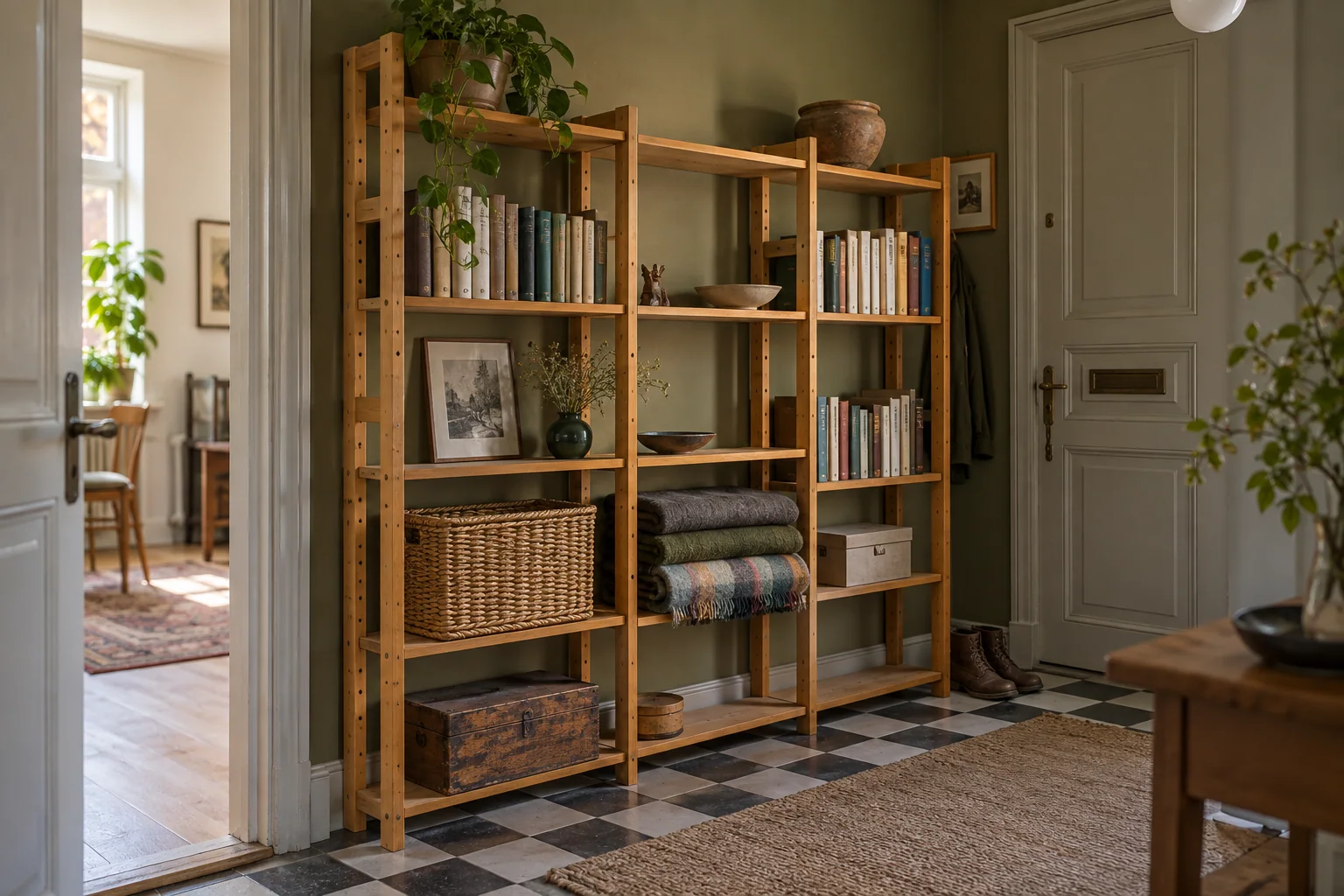 Pine shelving with three bays holds books, baskets and folded blankets in an apartment hallway.