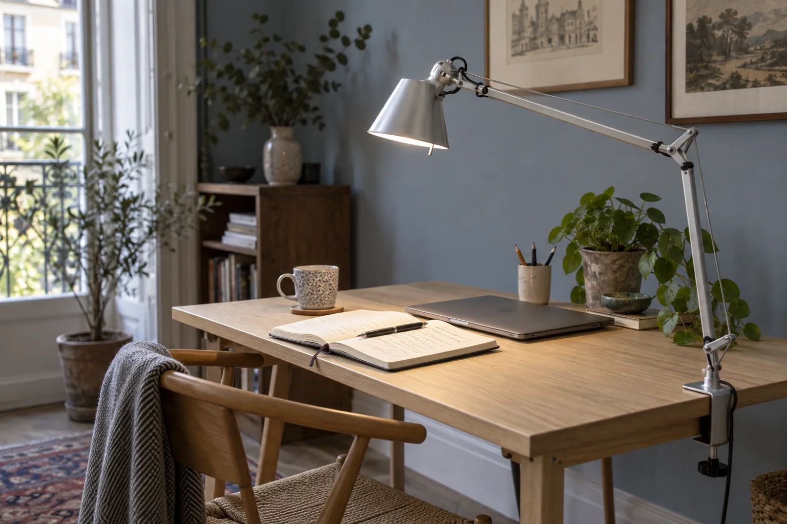 A silver articulated task lamp clamps to a wooden desk and points towards an open notebook.