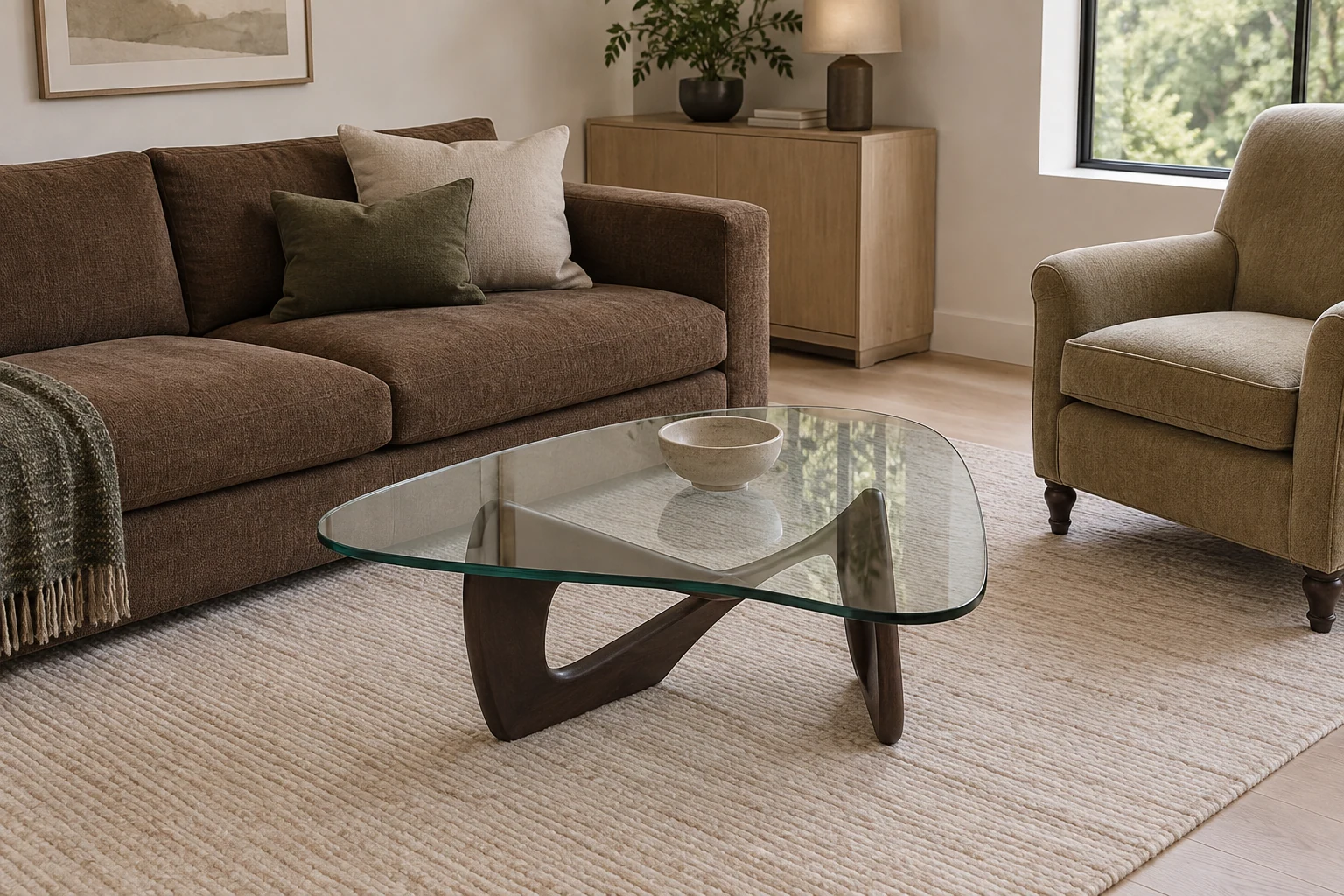 An asymmetric glass table sits between a sofa and a separate armchair placed at an angle.