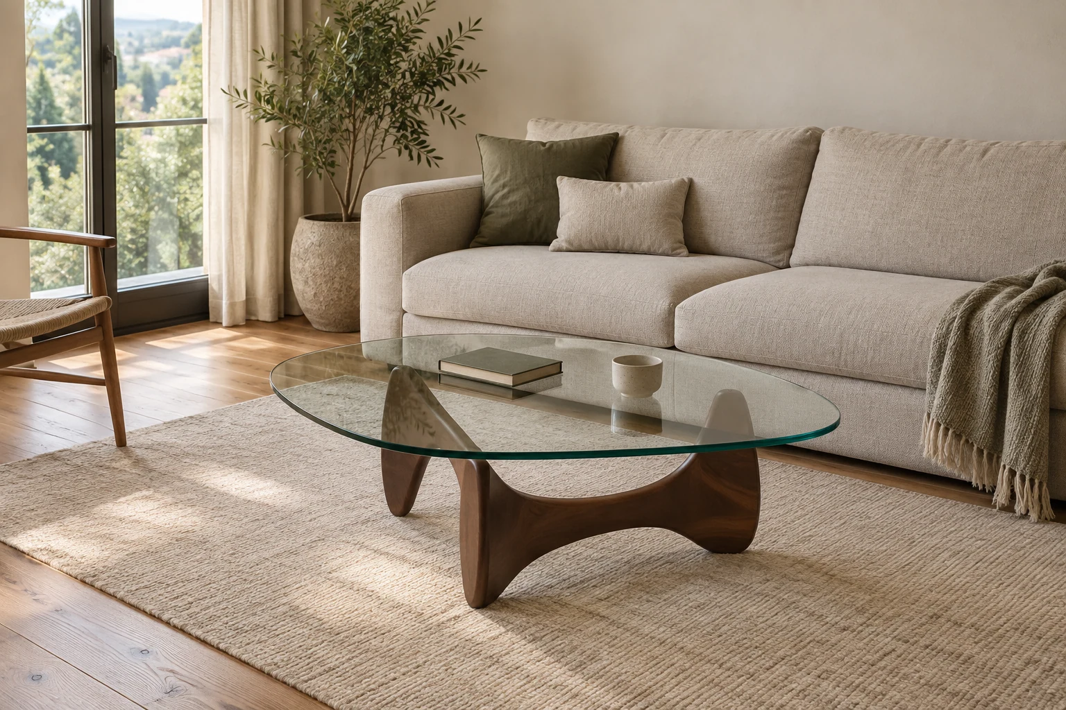A clear asymmetric glass coffee table with two curved timber base elements stands in front of a pale sofa.