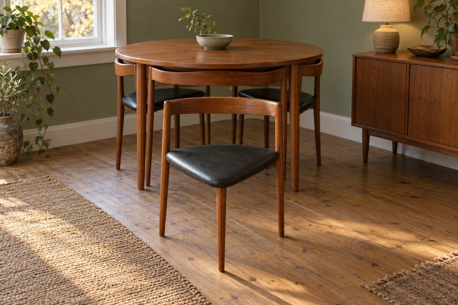One low wooden dining chair is pulled clear of a round table while the remaining chairs are tucked beneath it.