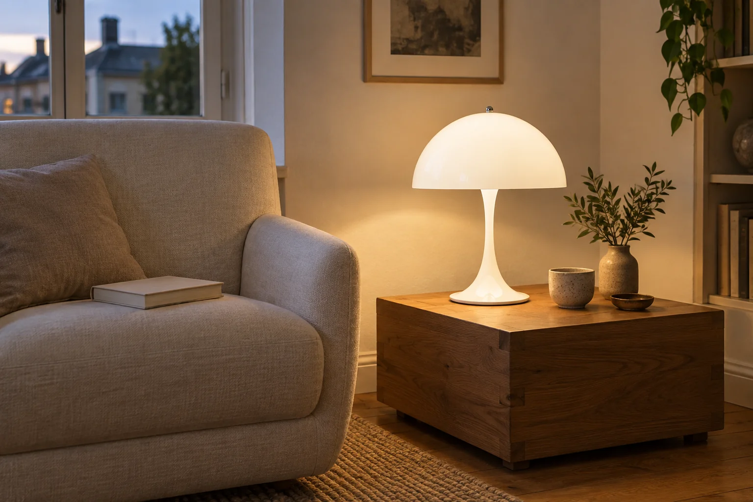 Glowing white dome table lamp on a wooden side table beside a pale upholstered armchair