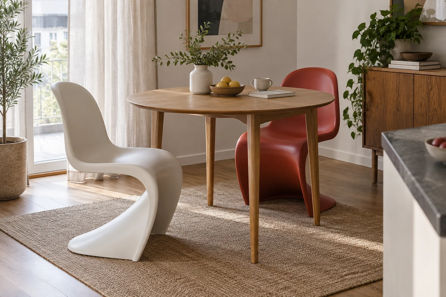 White and red sculptural cantilever chairs beside a round wooden dining table