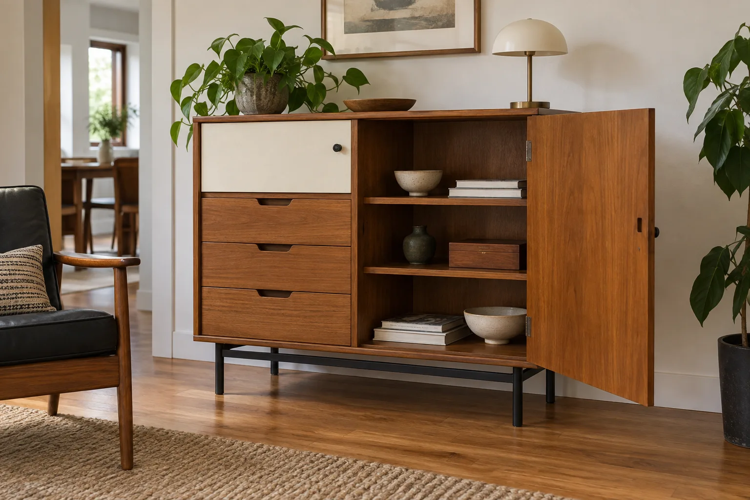 A wooden cabinet with its right door open, showing shelves beside drawers and a white panel.