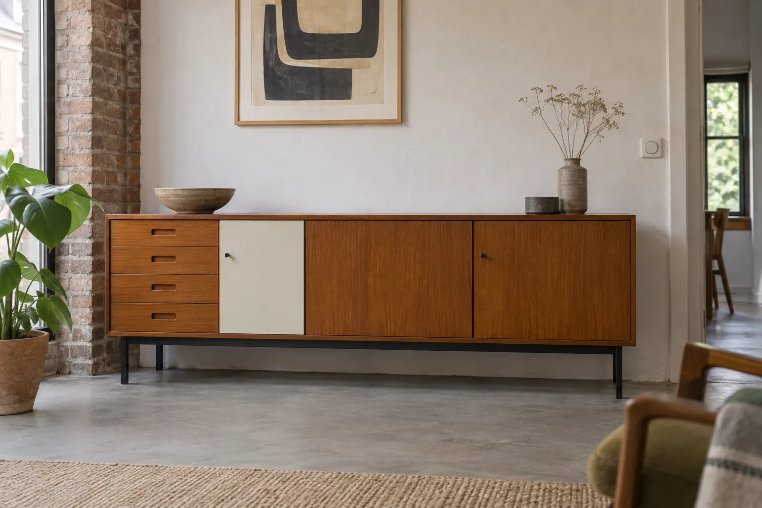 A long wooden sideboard with drawers, a white panel and a black raised base.