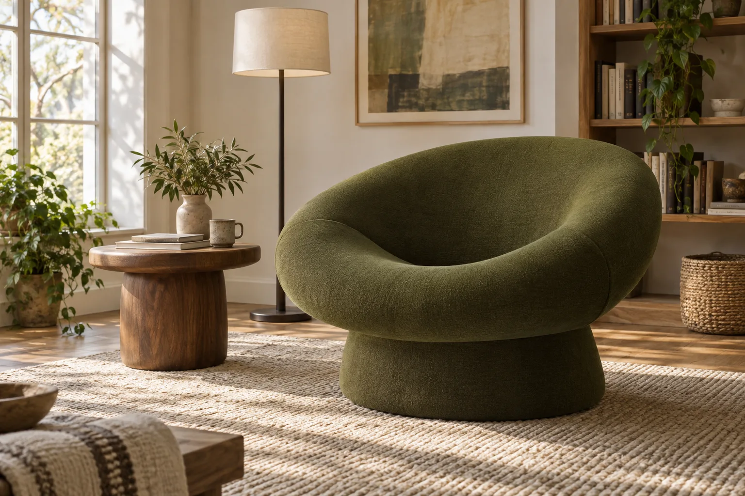 A rounded green upholstered lounge chair with a continuous covered base in a reading corner.