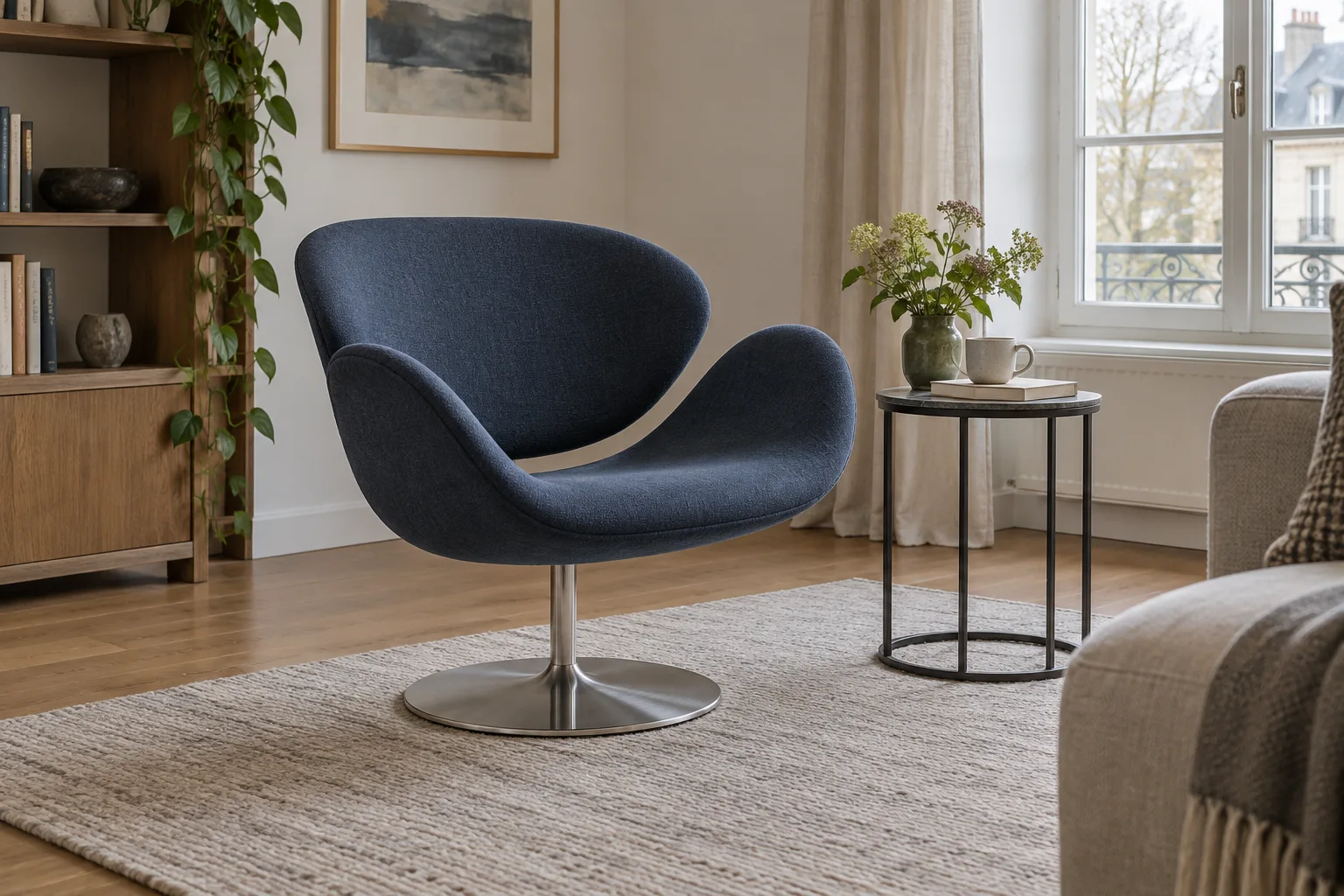 A blue-grey curved upholstered armchair on a circular pedestal base, with open floor space beside it.