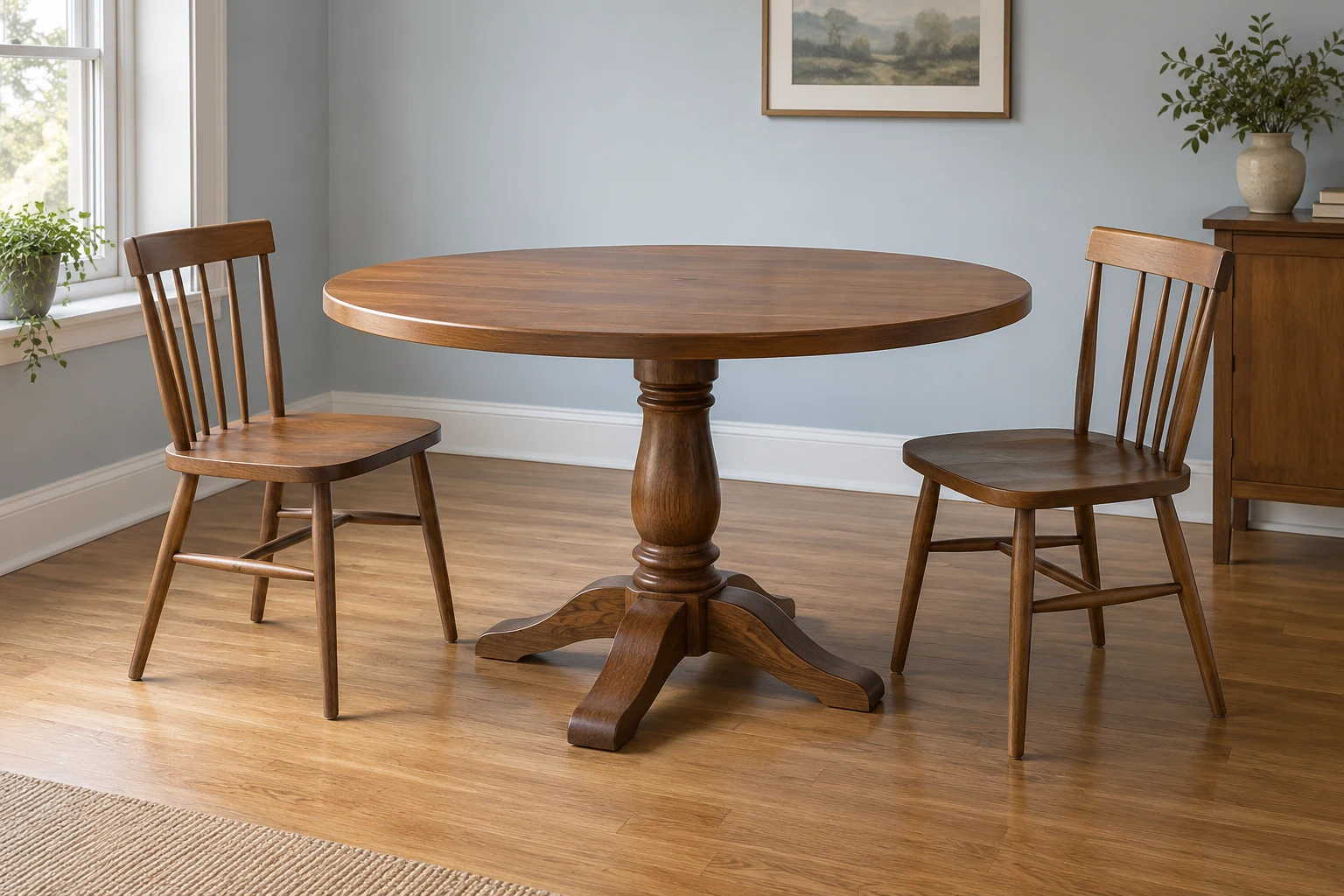 An interpretive round dining table on a central wooden support, with two chairs beside its broad foot.