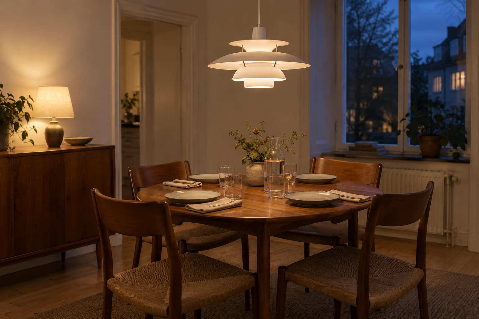 A white layered pendant lights the area around a round wooden dining table at dusk, with a separate lamp on a sideboard.