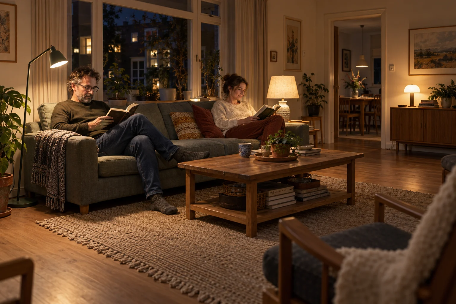 Zwei Erwachsene lesen auf einem Sofa neben einer Stehleuchte und einer Tischleuchte mit Schirm; eine weitere Leuchte steht auf der anderen Raumseite.
