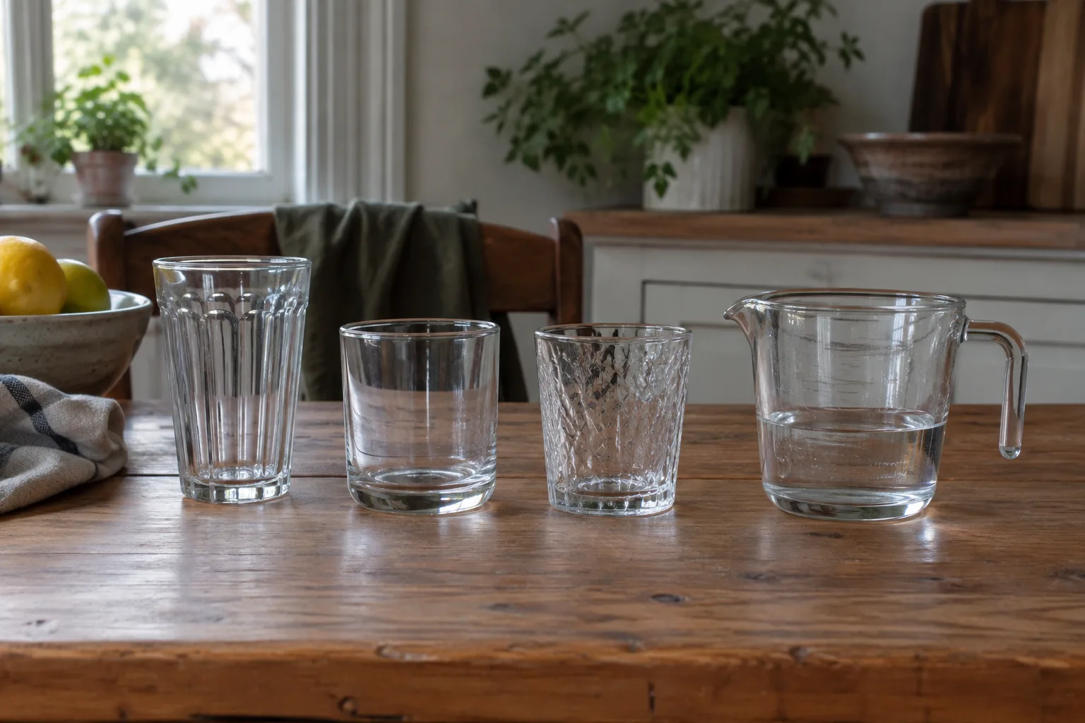 Three drinking glasses of different shapes beside a measuring jug.
