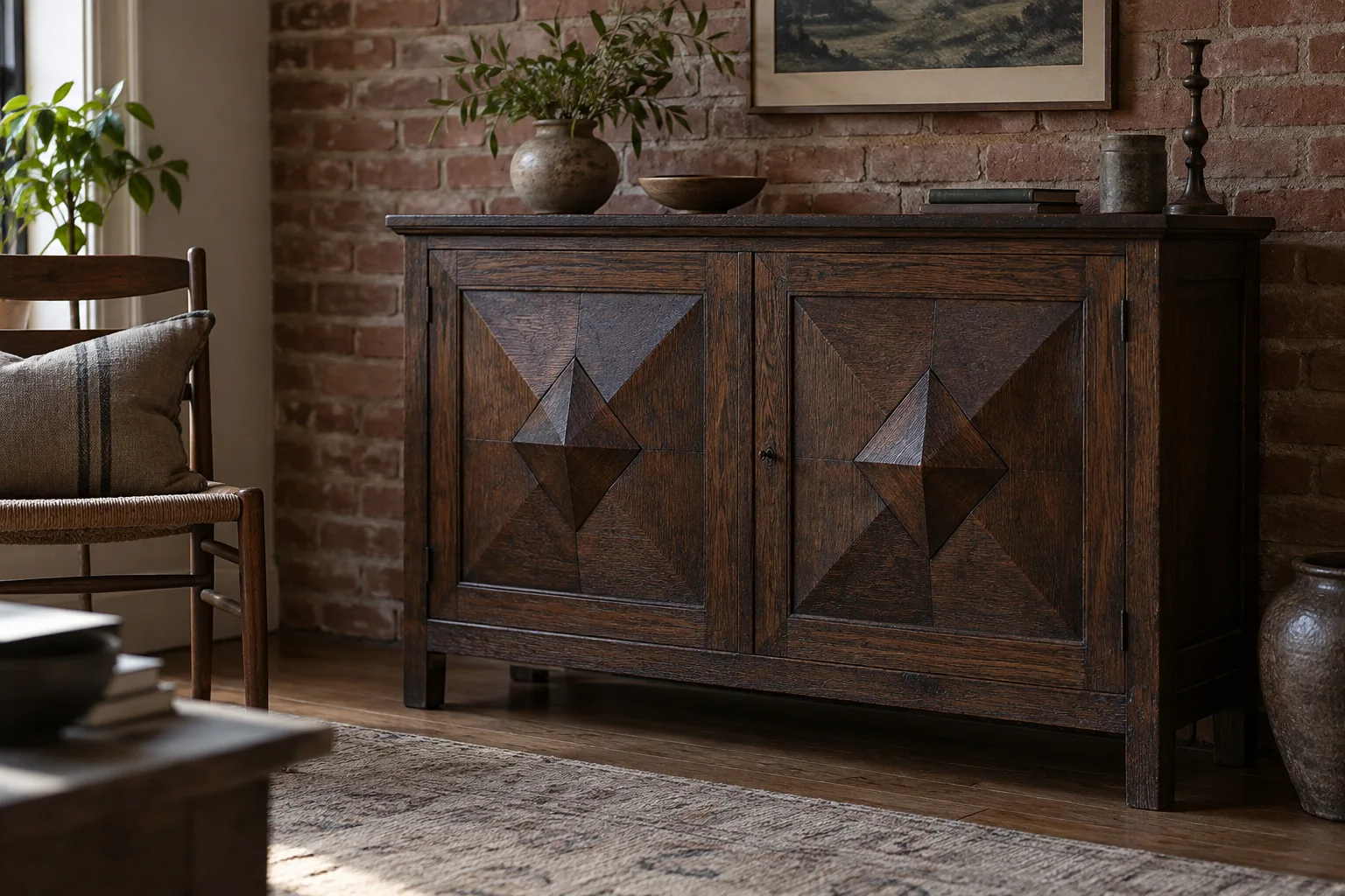 Dark wooden cabinet with deeply faceted doors against an exposed brick wall.