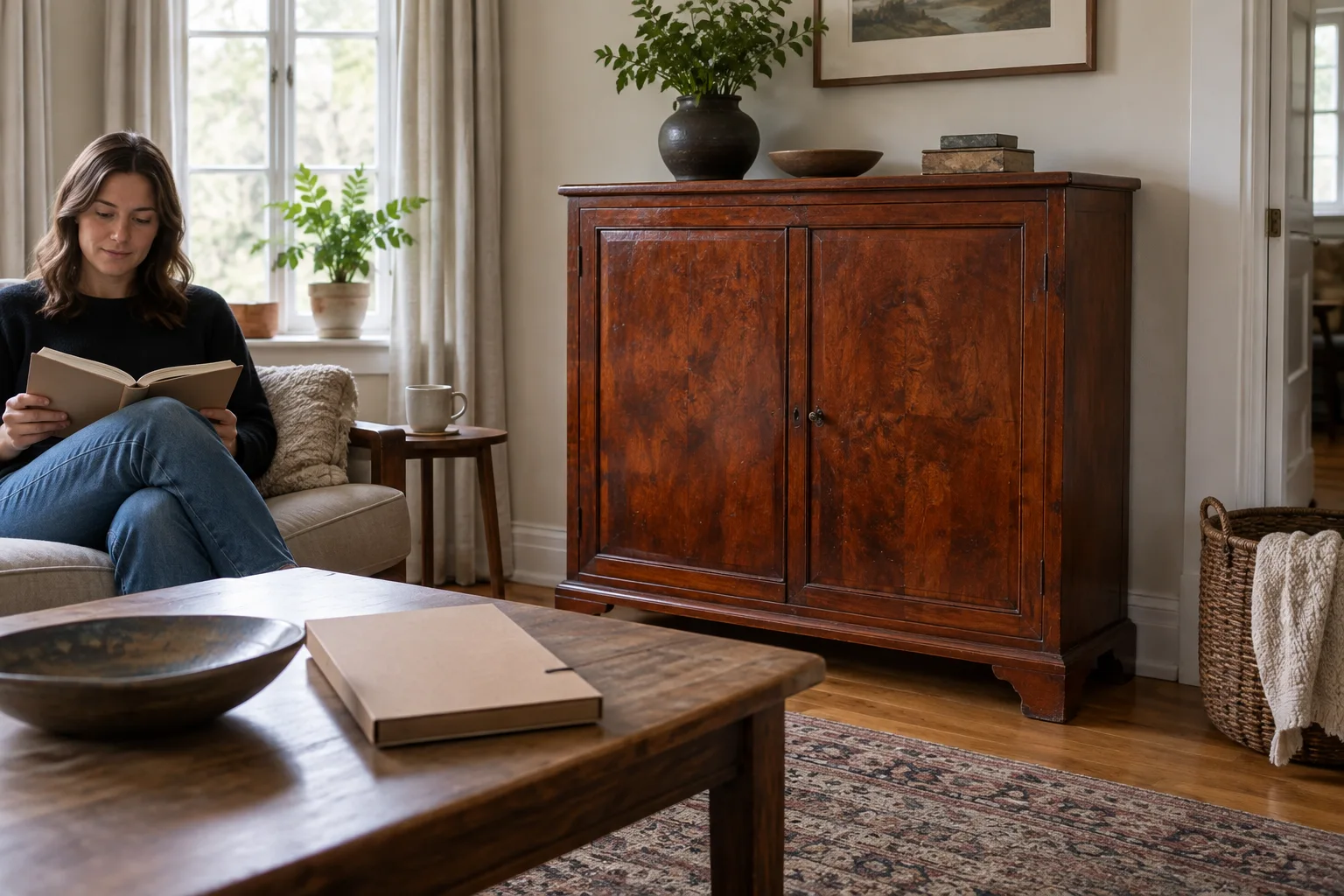 Figured wooden cabinet with a closed document folder on a nearby table.