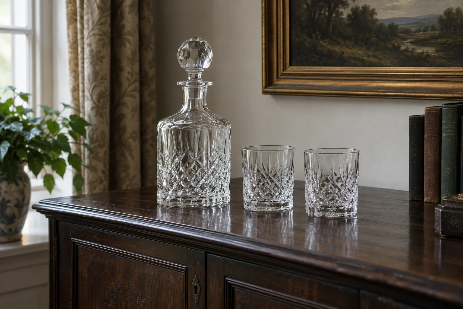 Empty cut-glass decanter and two glasses standing on a wooden cabinet.