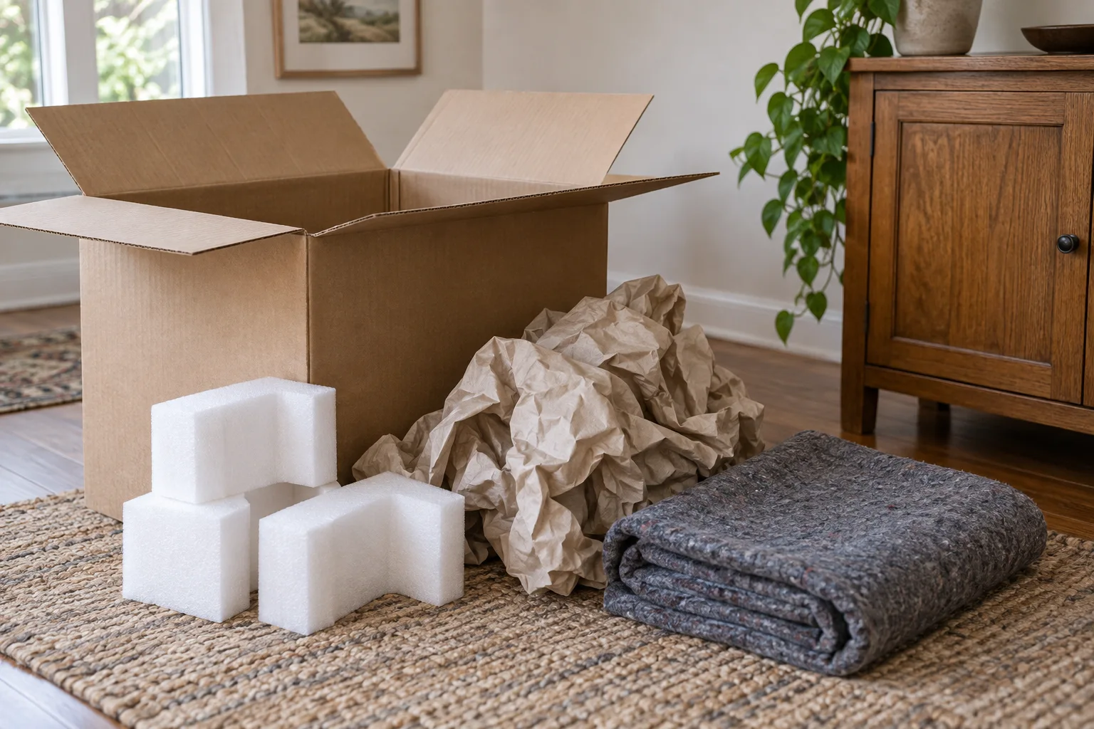 Opened cardboard, corner protection and a blanket beside the corner of a cabinet.