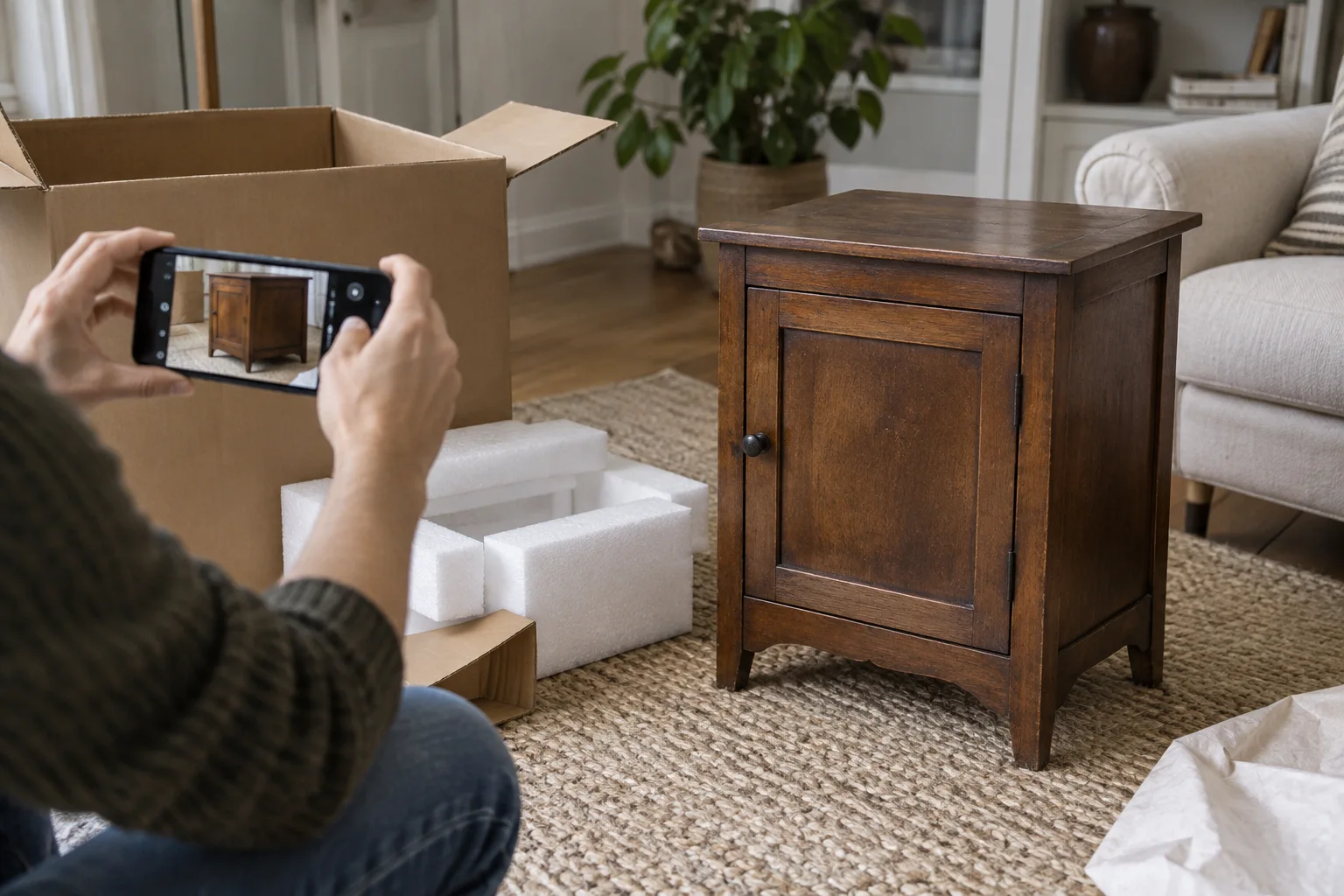 A phone being used to record a delivered cabinet beside opened packaging.