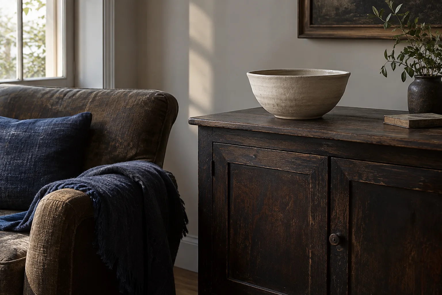 A pale bowl on a dark cabinet beside an armchair with an indigo textile.