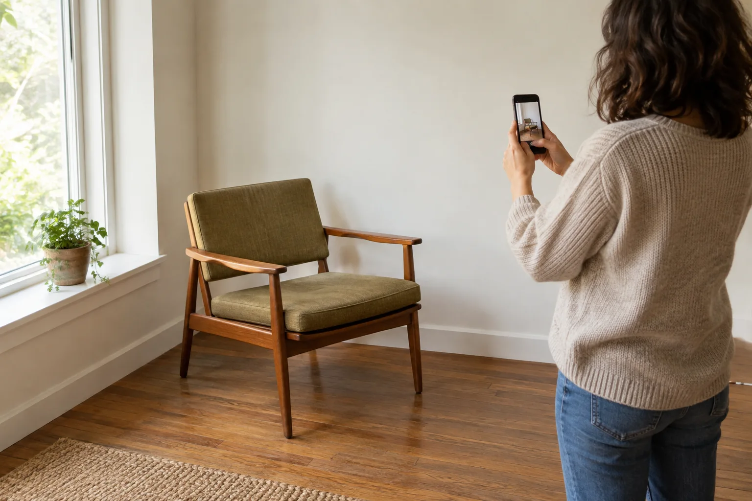 A person standing back to photograph a wooden armchair beside a window.