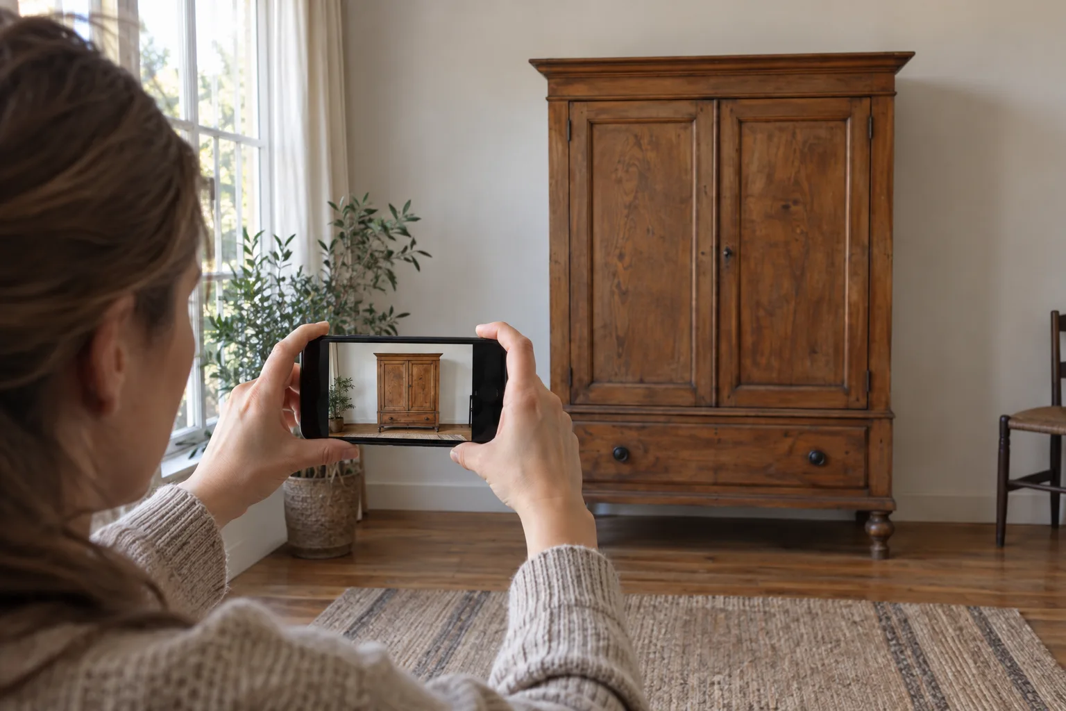 A person holding a phone level to photograph a complete wooden cabinet.